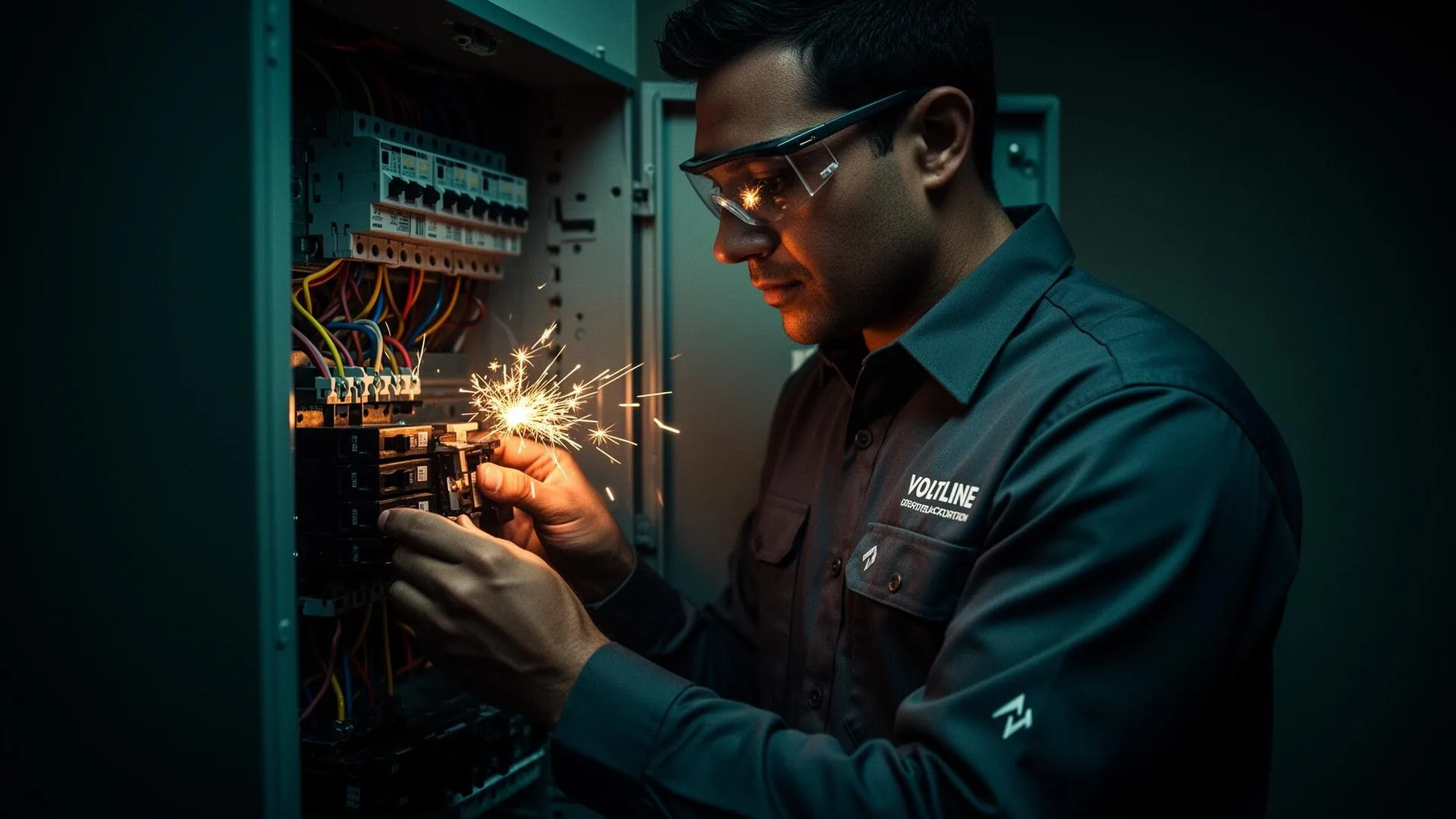 Voltline electrician working on a residential electrical panel